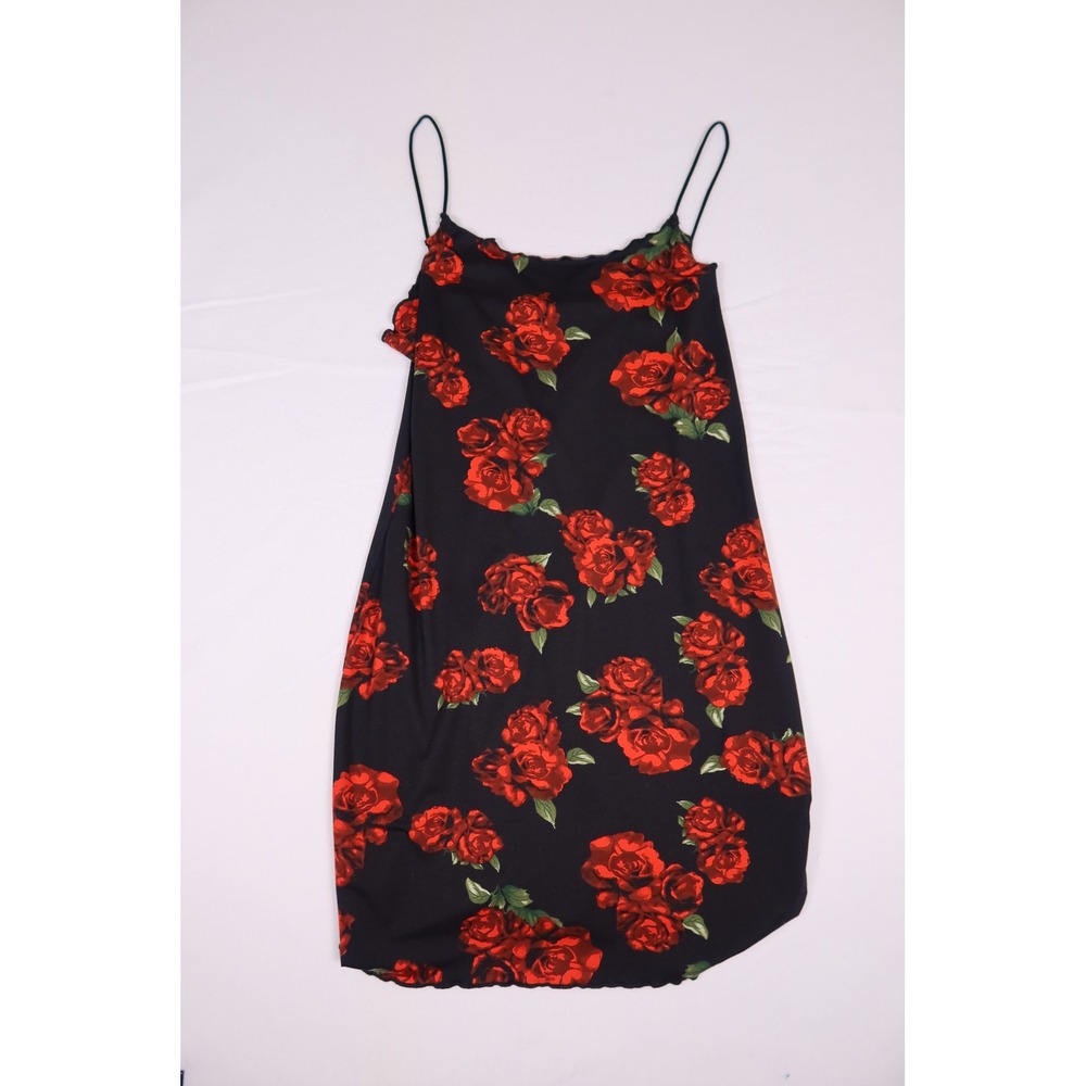 SHEIN Women Black Red Rose Floral Print Slip Dress Lettuce Trim Mini XL 12